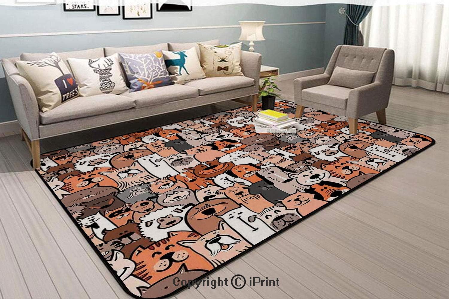 Area Rug, PatternofCatsandDogsDoodleArtCartoonStyle