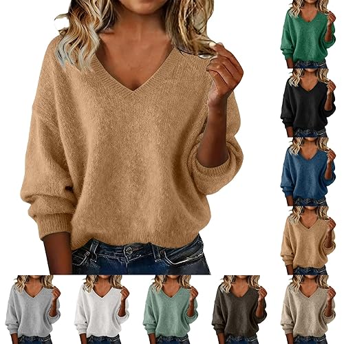 Ladies Jumpers for Women UK Winter Lightweight Sweaters Soft Comfortable Long Sleeves Plain Pullover Solid Colour Fall Jumper Casual V Neck Sweater Tops Fashion Clothing Slim Fit Outfits