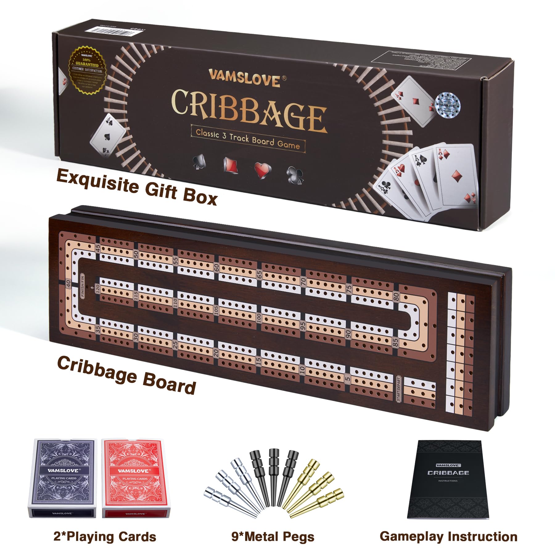 VAMSLOVE Wooden Cribbage Board Game Magnetic 3-Track Scoreboard with Large Slots for Storing 2 Playing Cards and 9 Metal Pegs, Travel Family Game Night (Instruction Included