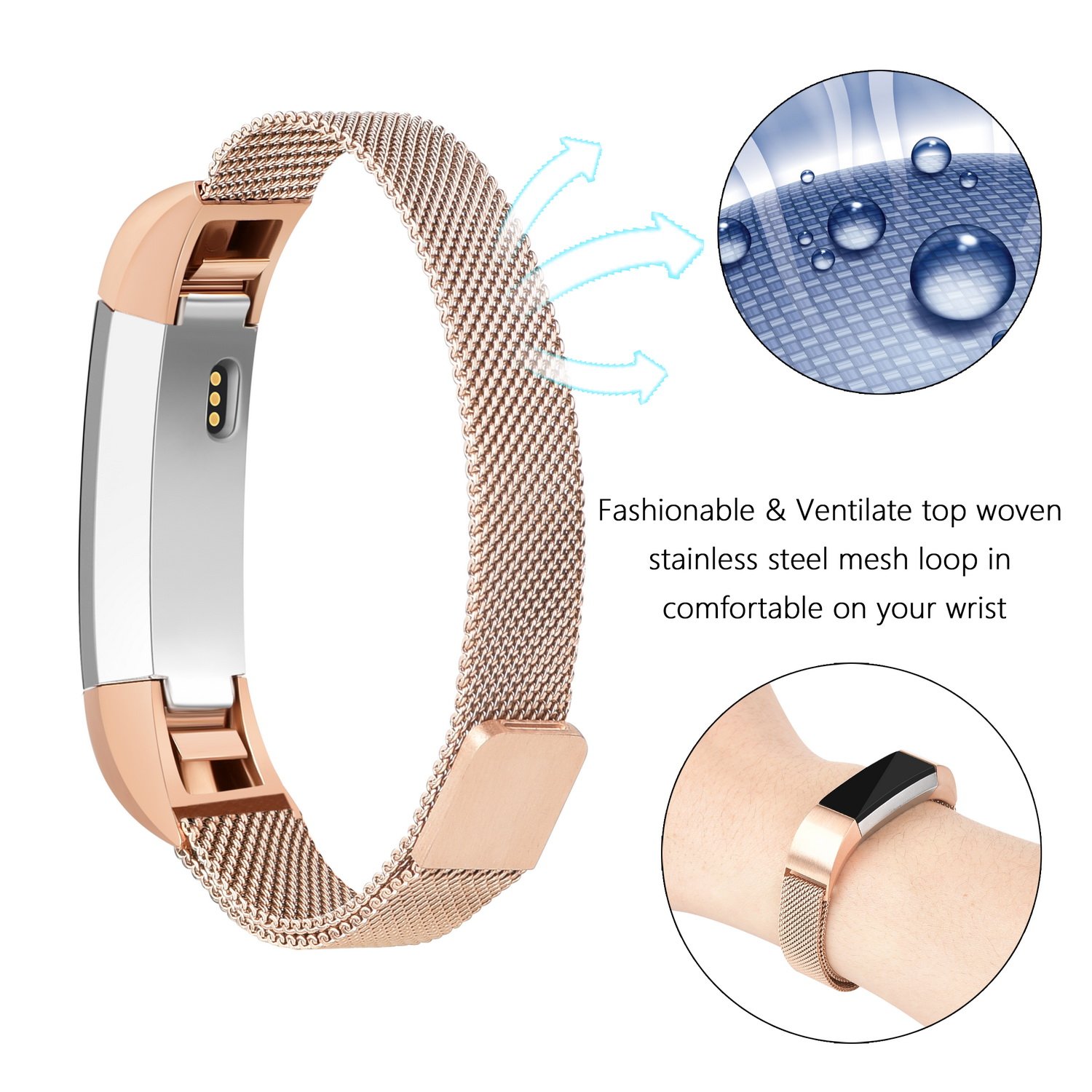 Fitbit Alta bands, MeanLove Milanese Stainless Steel Replacement Strap Bands for Fitbit Alta HR and Alta (Rose Gold, 5.5\