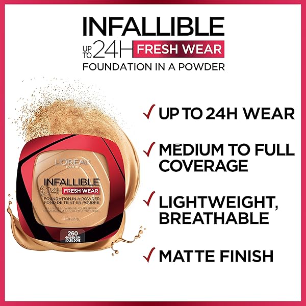 L’OREAL PARIS MAKEUP INFALLIBLE FRESH WEAR FOUNDATION IN A POWDER, UP TO 24H WEAR, WATERPROOF, RADIANT HONEY, 0.31 OZ.