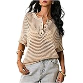 RoseSeek Women's Dolman Sleeve Crochet Sweater Hollow Out Half Button Sheer Knit Tops Beach Cover Ups