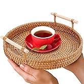Rattan Tray 8.7-Inch Round – Woven Serving Basket with Handles – Holidays Romantic Decorative Tray for Coffee Table, Bread, Fruit, Vegetables, Restaurant & Home Use Charming Easter Styling Table Decor