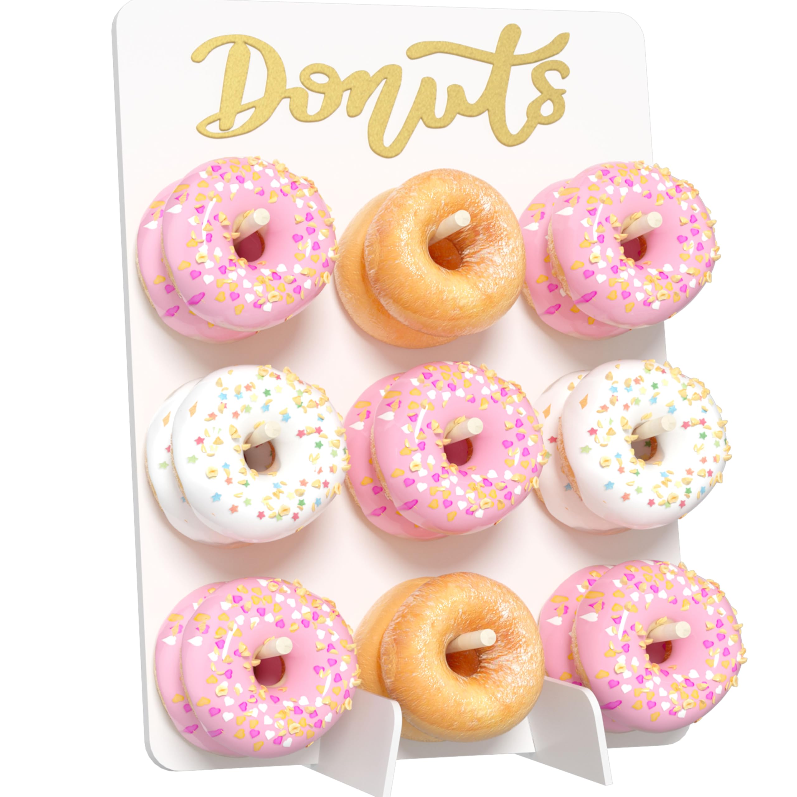 Photo 1 of APOIMNA Donut Wall Display Stand, 1 Pack Wood Donut Peg Board Holds 18 Donuts, Large Donut Display Stand for Party, Donut Holder Stand Party Decorations,(White)