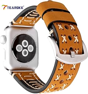 Replacement iwatch Band calfskin Leather Apple Watch Band with Black Adapter 38mm/42mm Tan