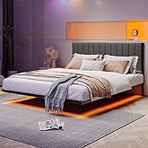 Floating Queen Bed Frame with LED Lights & Charging Station,Modern Metal Platform Bed Frame Queen Size with Upholstered Headboard,No Box Spring Needed,Heavy Duty Steel Slats,Easy Assembly,Noise Free