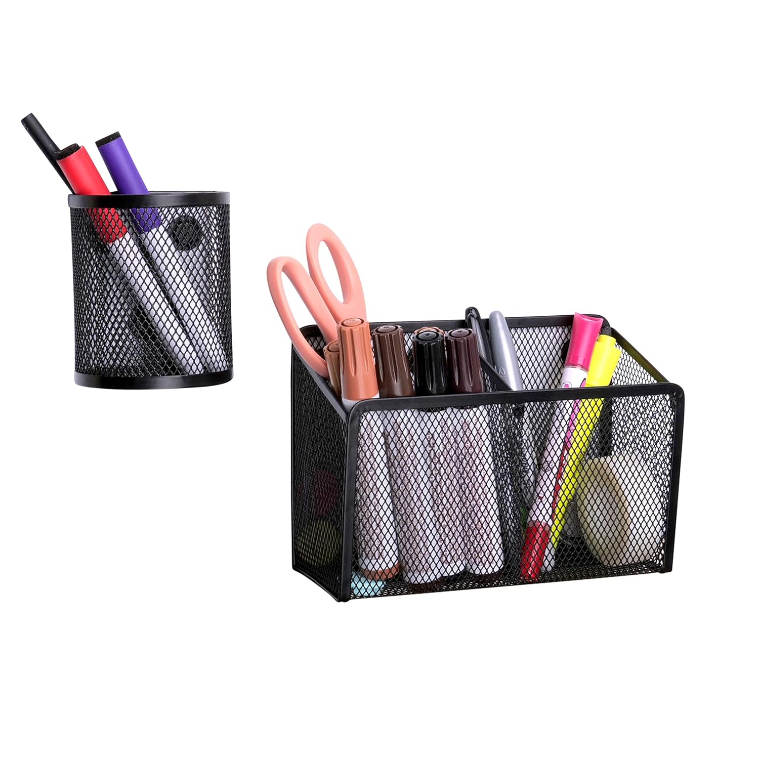 Magnetic Pen Holder with Bonus Magnetic Basket - Super Strong Magnets - Mesh Marker Holder Great for Locker Accessories, Whiteboard, and Refrigerator