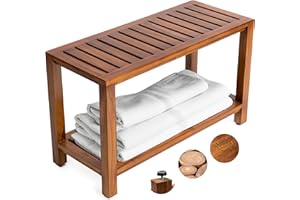 THE TEAKY HUT Teak Shower Bench - Fully Assembled 30 Inch Shower Bench with Shelf | Water Resistant Shower Benches for Inside Shower to Sit On | Wooden Shower Bench for Spa, Garden | Adjustable Non-Slip Feet