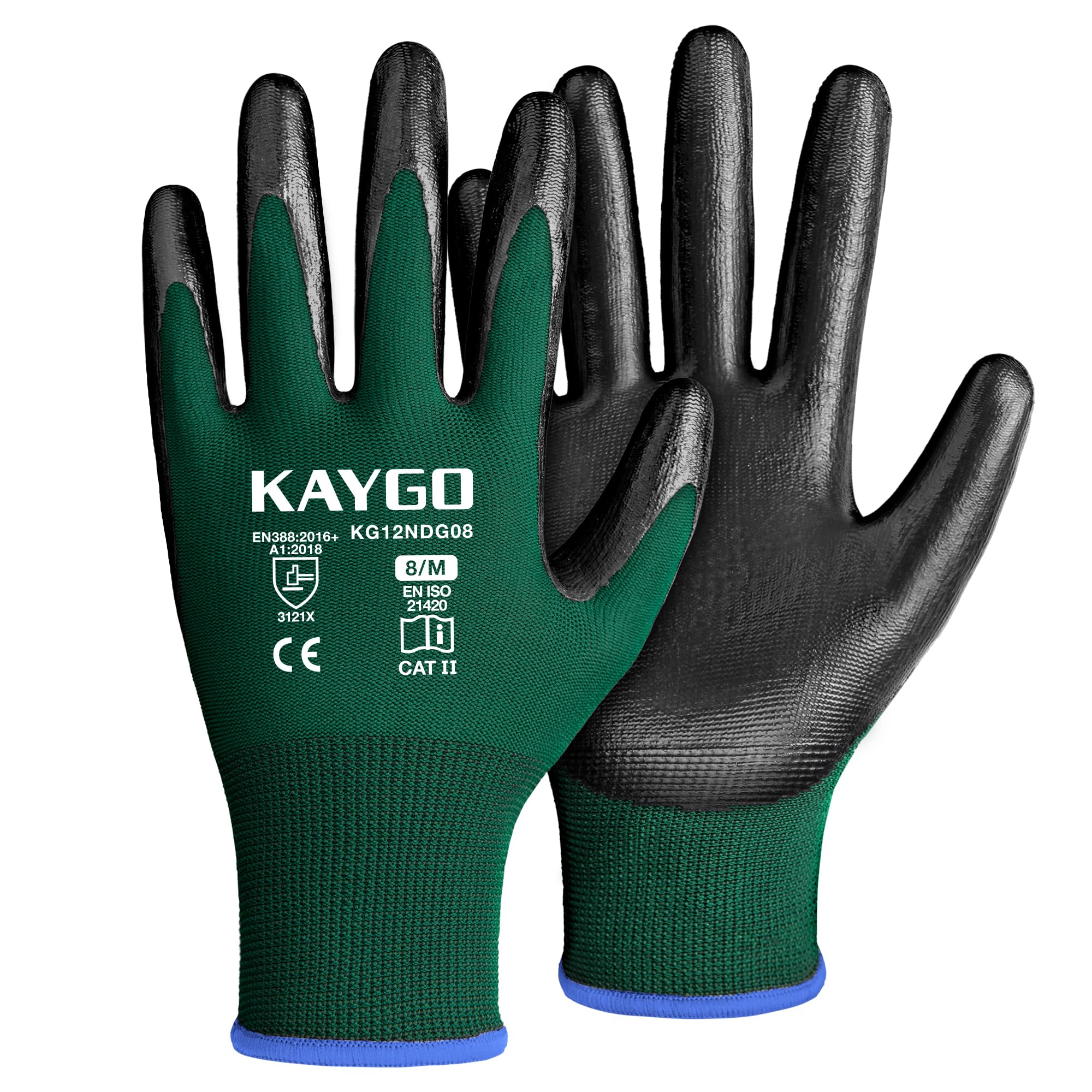 KAYGO Safety Work Gloves Nitrile Coated, Good Grip and Dexterity, 12 Pairs General Purpose Working Gloves for Men and Women, Ideal for Construction Warehouse Automotive DIY, KG12N (Dark Green, M)