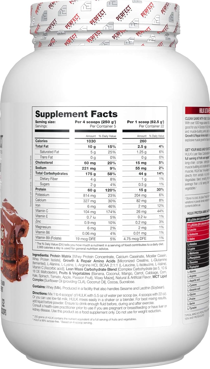 Amazon Com Perfect Sports Hulk Clean Mass Gainer Full Serving Of Fruits Vegetables 3lb Chocolate Fudge Brownie Health Personal Care