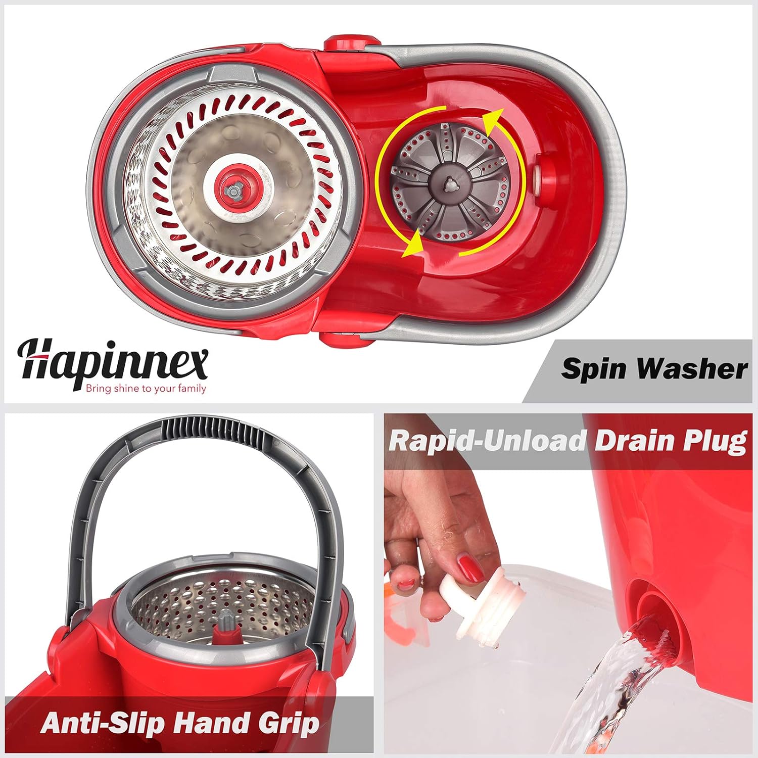 HAPINNEX Spin Mop Wringer Bucket Set - for Home Kitchen Floor Cleaning - Wet/Dry Usage on Hardwood & Tile - Upgraded Self-Balanced Easy Press System with 2 Washable Microfiber Mops Heads: Home & Kitchen