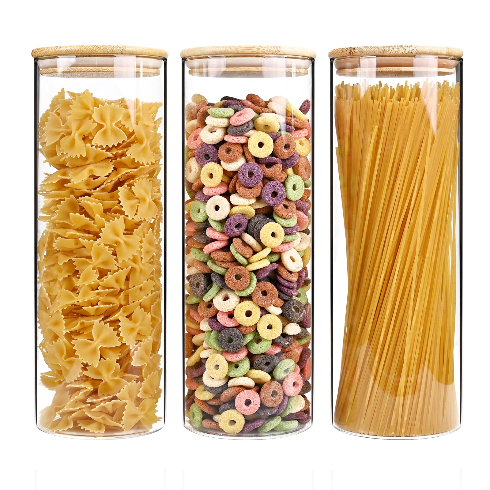Photo 1 of 73oz Glass Pasta Storage Jars, Tall Glass Jars with Bamboo Lids, Spaghetti Container, Set of 3, Kitchen Storage Containers for Pasta, Pantry Organizers