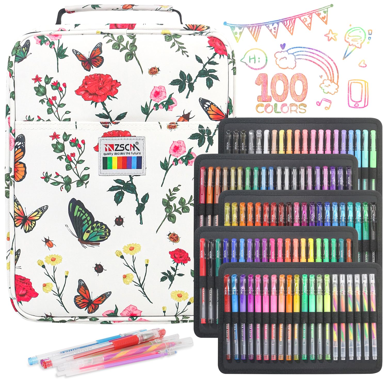 Photo 1 of ZSCM 194 Pack Glitter Gel Pen Set, 100 Art Colored Pens Including 94 Gel Pens, 6 Glitter Rainbow Pens, 94 Matching Refills Themed Canvas Case for Adult Coloring Books, Journaling, Scrapbooks
