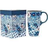 Topadorn Ceramic Coffee Mug Travel Cup Gift with Lid 17oz, Porcelain Tall Tea Cup with Handle for Home & Office, Blue Flower Art Pattern Mug in Gift Box, 6.5''H