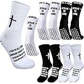 Jamntower 4 Pairs Cross Grip Soccer Socks with Bible Verse Anti Slip Religious Jesus Christian Football Sock with Rubber Dots