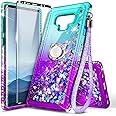 E-Began Case for Samsung Galaxy Note 9 with Screen Protector (Maximum Coverage, Flexible TPU Film), Ring Holder/Wrist Strap, Sparkle Glitter Flowing Liquid Women Girls Kids Cute Case -Aqua/Purple