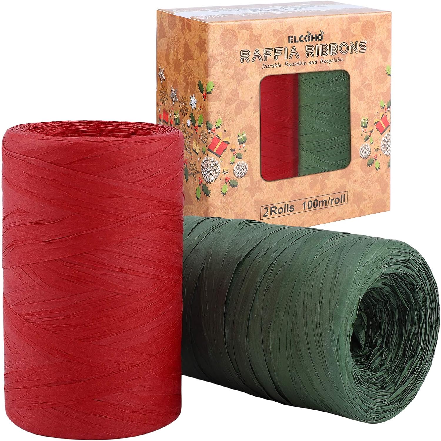 Elcoho 2 Rolls Christmas Raffia Ribbons 200 m Christmas Wrapping String