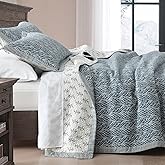 DDUOXIN 100% Cotton Queen Quilt Set - Reversible Soft Quilt with 2 Pillow Shams, Botanical Style Queen Bedspread Lightweight Comforter Bedding Set, White/Grayish Blue