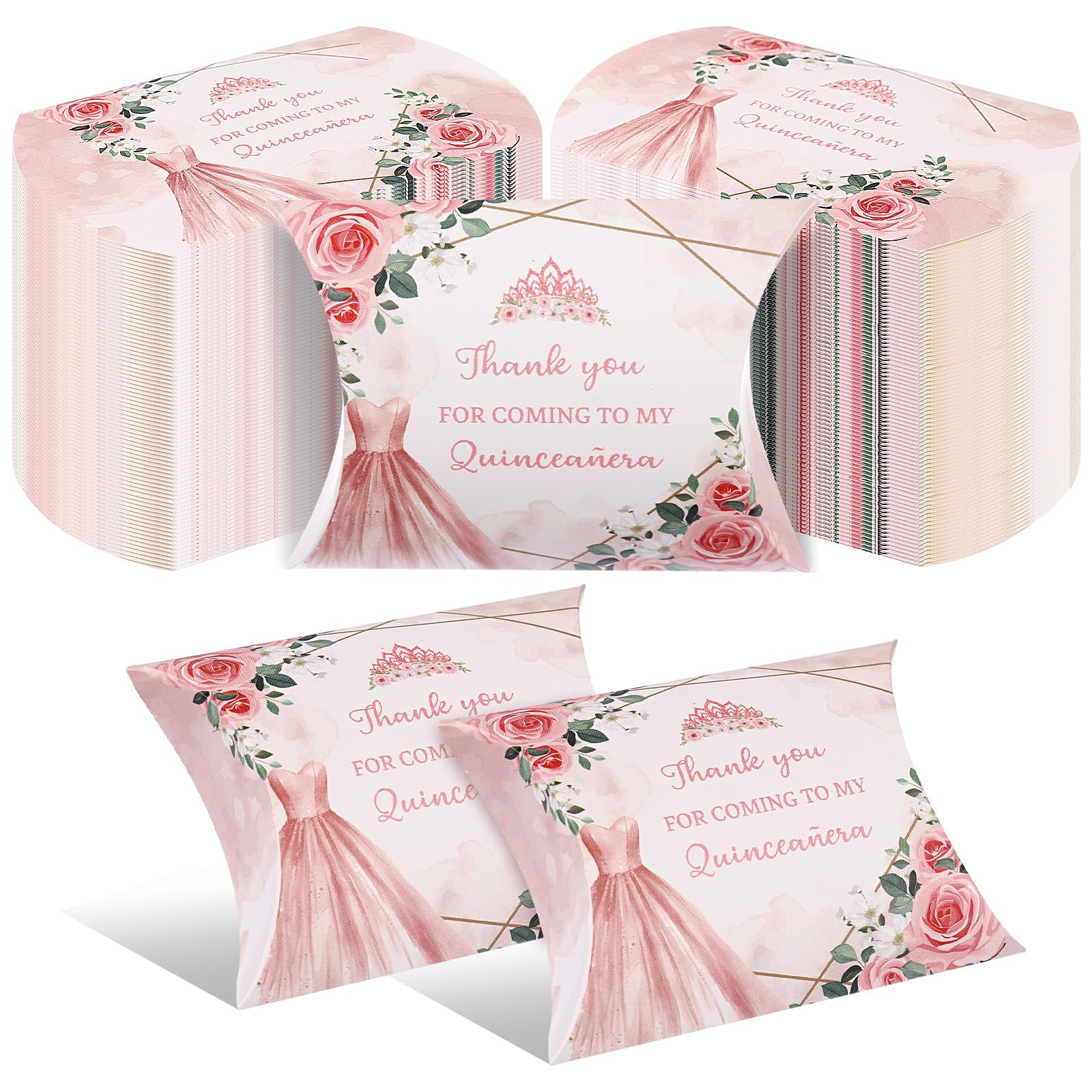 Photo 1 of 100 PCS 15th Birthday Box 4.5 x 3.5Inch Pillow Gift Boxes Quinceanera Party Decorations Mis Quince Anos, Happy Box for Quinceanera Party, Sweet Decoration Rose Gold For Guest