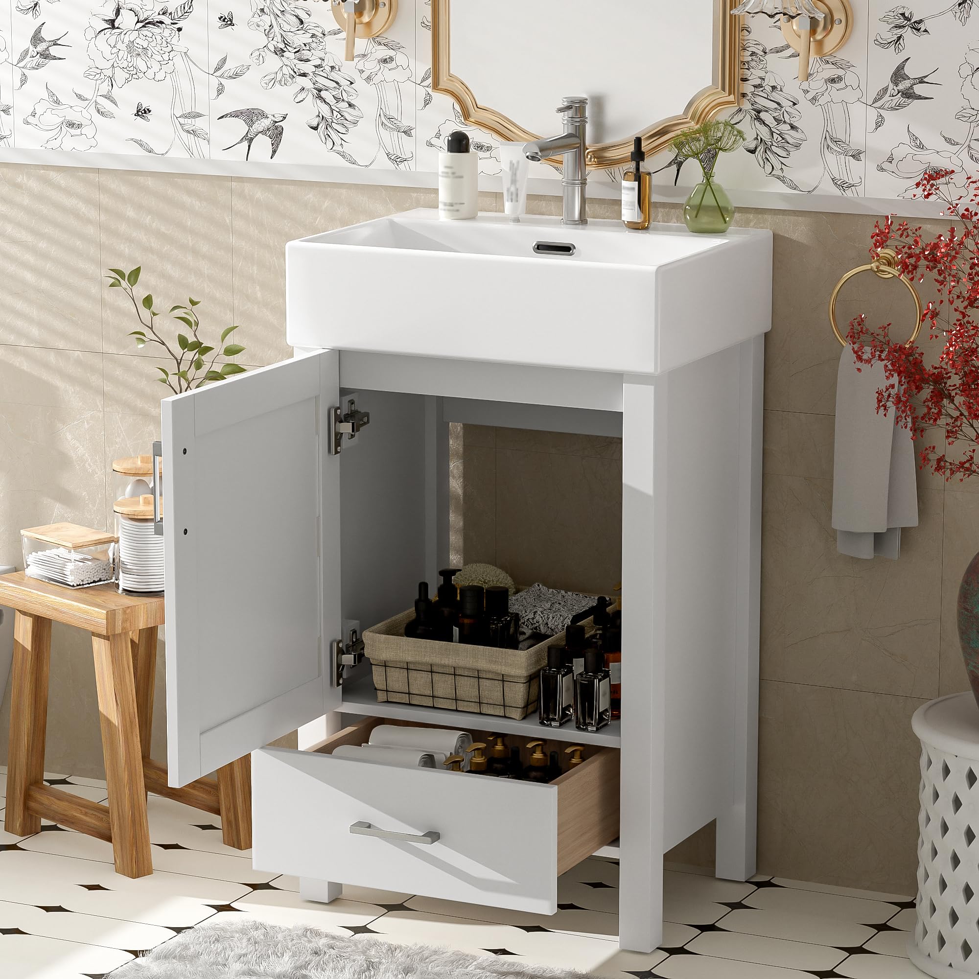 Photo 1 of *Small chipped pieces* Merax 20''Modern Bathroom Vanity with Ceramic Sink, Solid Wood Frame and Drawer,Ideal for Small Bathrooms,White