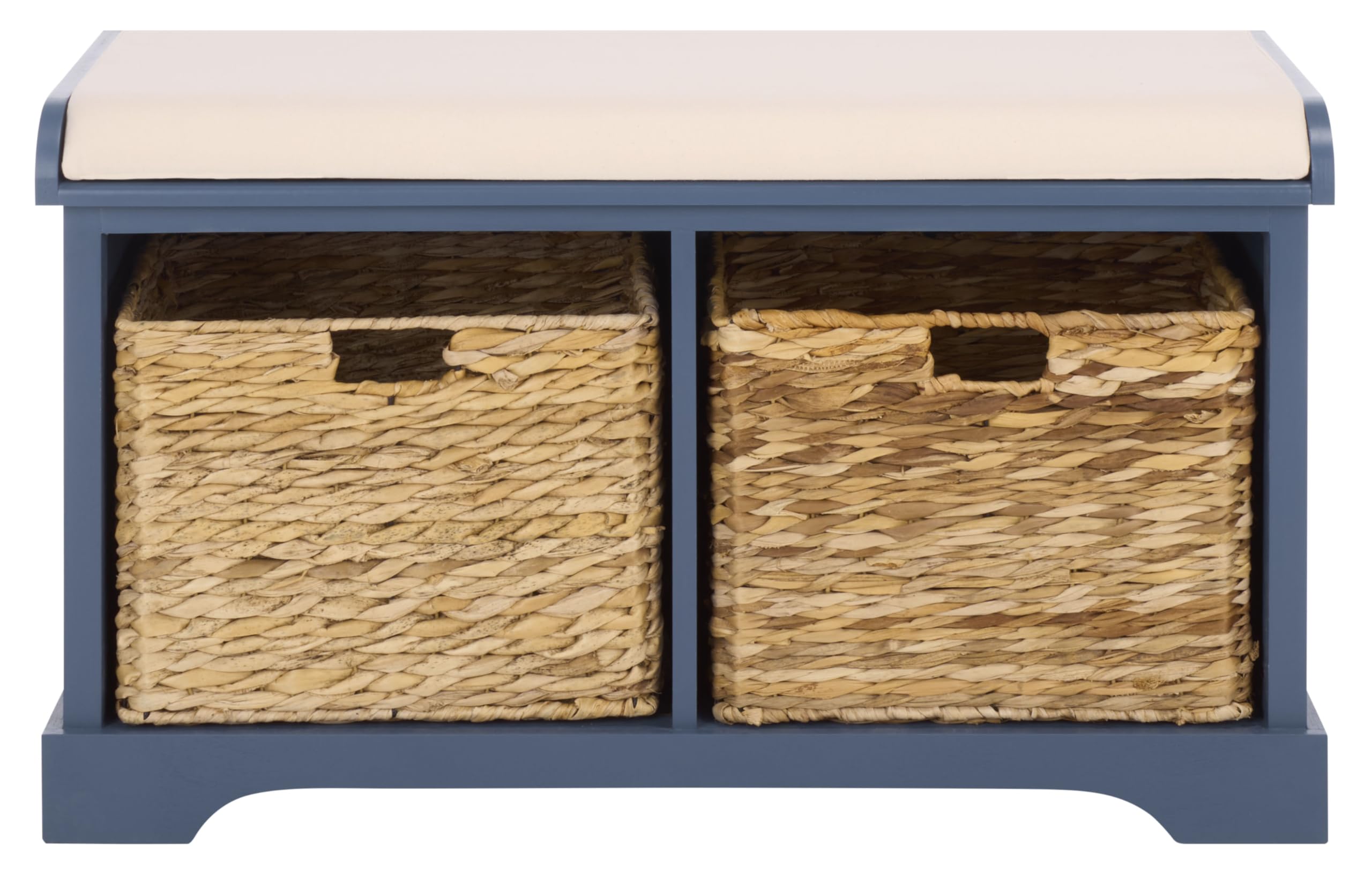 SAFAVIEH Home Collection – Freddy Blue Storage Bench with Seat Cushion, 2 Basket Drawers, Coastal Farmhouse Entryway Design, Fully Assembled (AMH5736K) Image