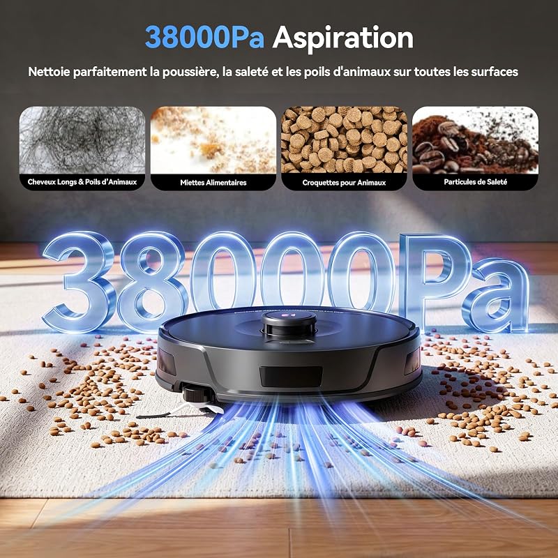 D8 Pro Robot Aspirateur Laveur, 38000Pa Robot Aspirateur avec Station d'Aspiration 4L, Anti-Enroulement des Poils, Navigation LiDAR, Robot 4-en-1 Aspirateur-Laveur pour Sols/Moquette