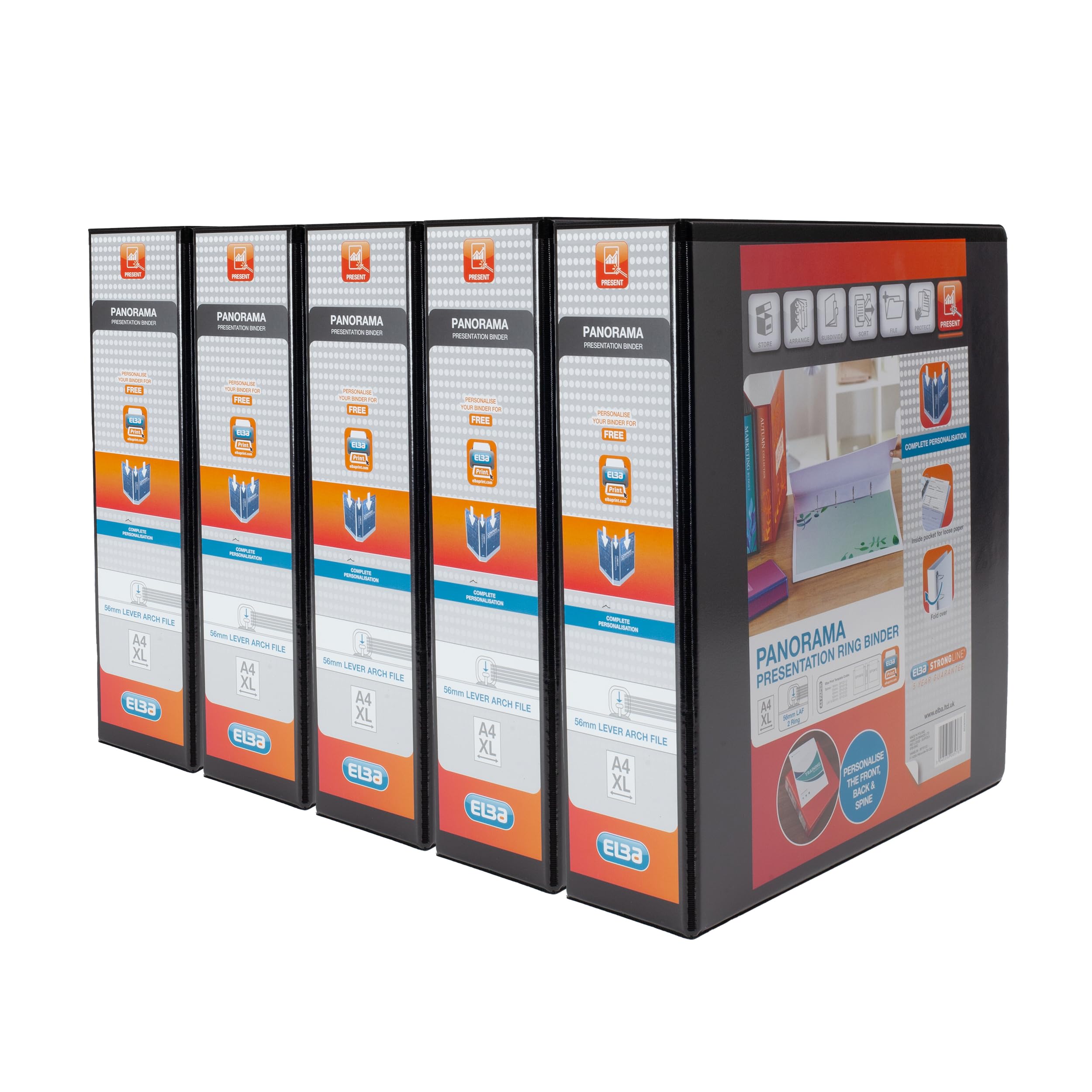 Elba A4 2 O-Ring Lever Arch File, 56mm capacity, 90mm spine, Presentation Folder with Customisable Cover, Portrait, Black (Pack of 5)