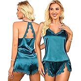 RSLOVE Women Pajama Set Sleepwear - Satin Pajamas Silk V Neck Cami and Shorts Pjs 2 Piece Womens Sexy Lace Lounge Nightwear