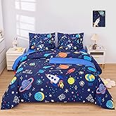 BQH Boys Full Size Space Bedding Set - 7 Piece Rocket & Galaxy Comforter with Deep-Pocket Sheet, Whole-Piece Filling, Machine Washable Bed-in-a-Bag for Kids' Room Makeover & Gifts