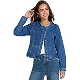 LifeShe Cropped Denim Jacket for Women Stretch Collarless Jean Jackets Slim Fall Crop Shacket Tendy
