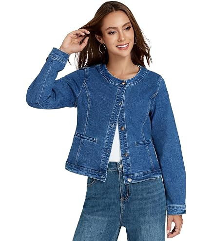 BlueFire2015 Women's Collarless Long Sleeve Denim Jacket Round