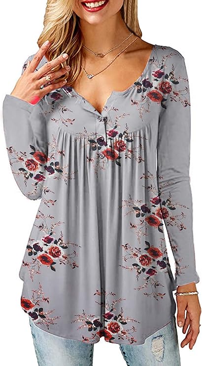 Women V Neck Blouse Casual Loose Floral Print Long Sleeve Tops T Shirt