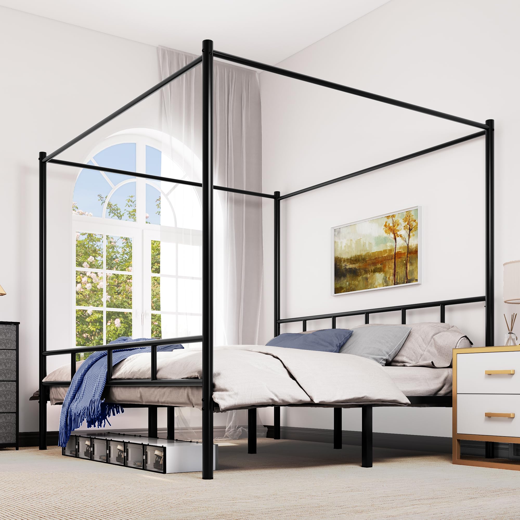 Photo 1 of (Used) Canopy Bed Frame King Size, Metal Canopy Four Poster Bed Frame with Built-in Headboard Strong, Heavy Duty