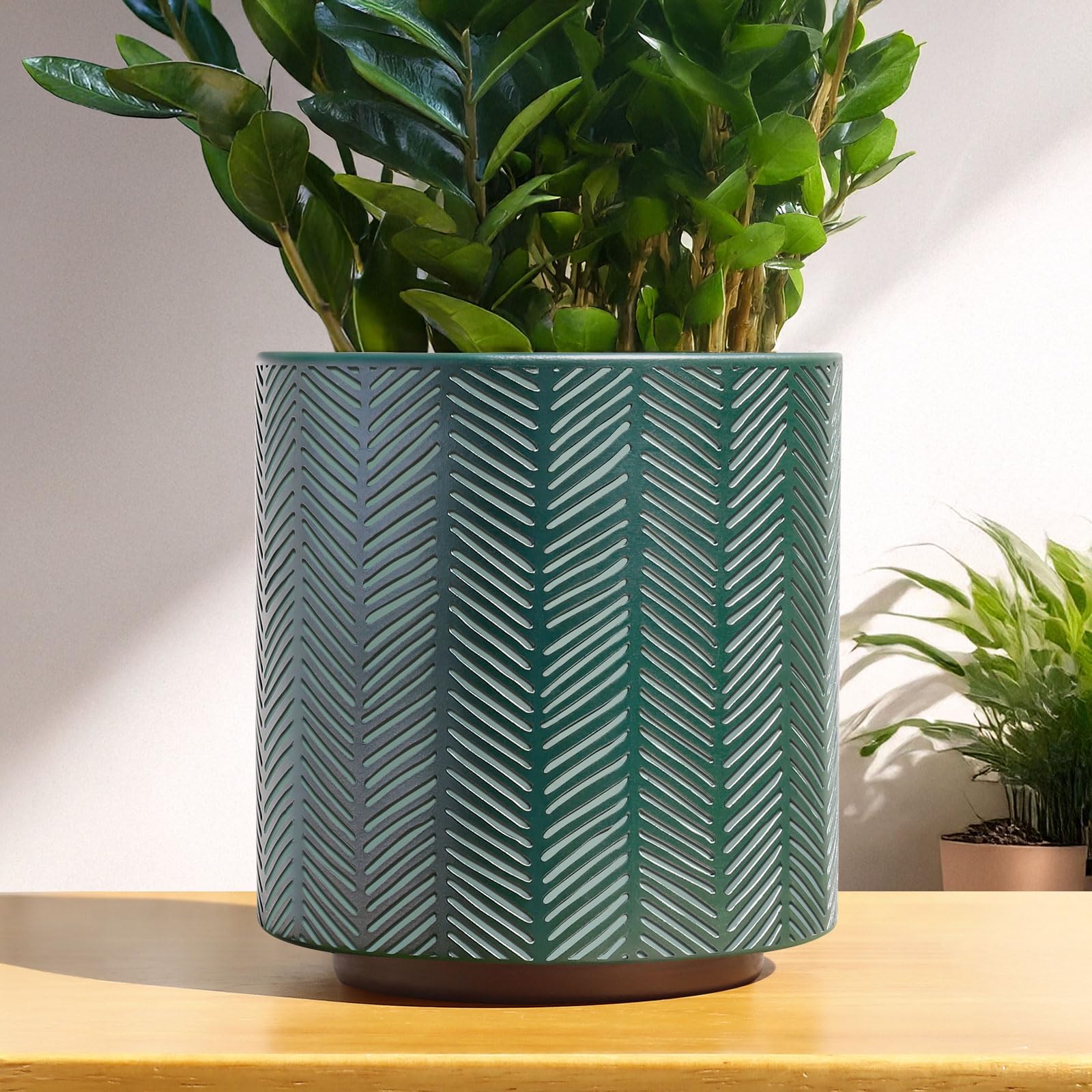 AmiCera Modern Slash Line Flower Pots, Vintage Geometric Planters for Indoor Plants, Unique Plant Pot with Drainage, Eclectic Small Plant Pot, Funky Gardening Gifts, Green