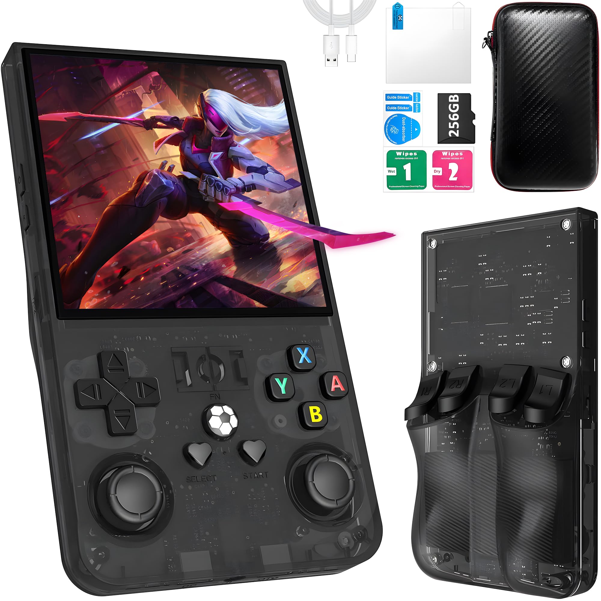 R36MAX Retro Handheld Game Console,Game Console with 256GB TF Card, 40000+ Classic Games,Game Console 4.0" IPS HD Screen 4000mAh Rechargeable Portable Video Console Pocket Arcade-Transparent Black