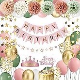 Dusty Pink and Sage Green Birthday Party Decorations for Women Girls with Sage Green Balloons Happy Birthday Banner Star Garland Paper Pompoms Star Dots Garland Crown Party Supplies