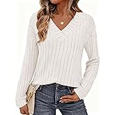 PRETTYGARDEN Fall Fashion 2026 Long Sleeve Shirts for Women Ribbed Knit V Neck Dressy Casual Lightweight Sweaters Tunic Tops