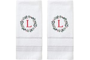SKL Home Christmas/Winter Wreath Monogram Hand Towel L 2pc Set for Bath/Kitchen/Bar & Gift, White