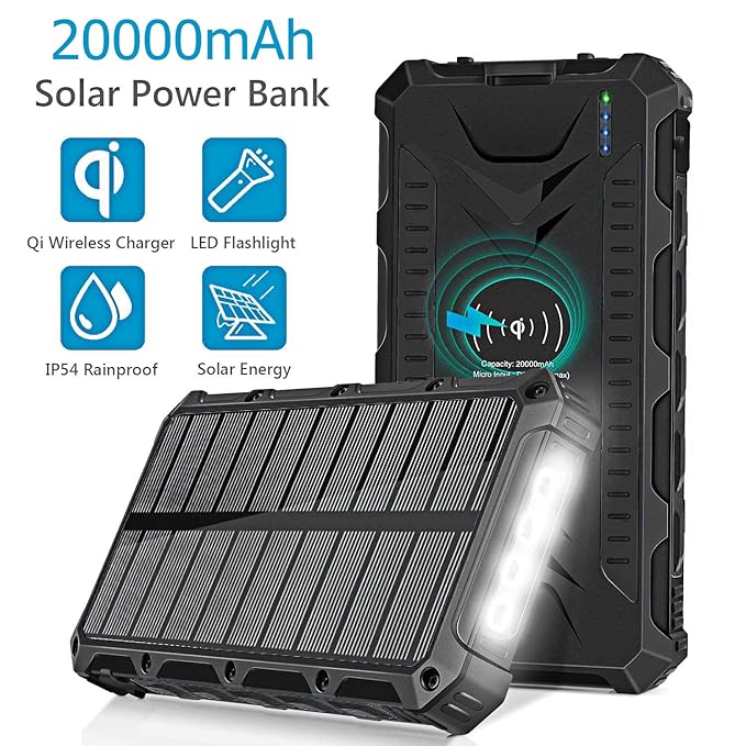 Solar Charger, 20000mAh Solar Qi Wireless Charger, Solar Power Bank