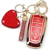 YIKECASE Key Fob Cover with Diamond Keychain for Women, Car Key Holder Compatible with Ford Explorer Fusion Edge Expedition F150 F250 F350 F450 F550 Maverick Mustang, 5 Buttons (Red-Heart)