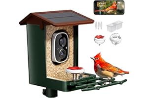 HEAPETS Smart Bird Feeder with Camera Solar Powered 2K HD Video, 10,000+ Species AI Recognition, Real-Time App Alerts, and Weatherproof Design for Effortless Birdwatching, Gift for Bird Lovers, Green Brown