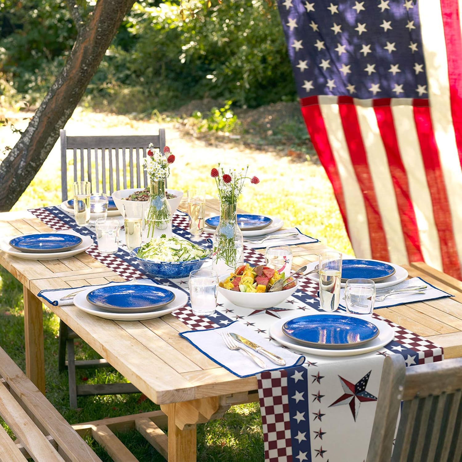 Table Runner Cotton Linen, American USA Flag Stars Table Linens Non-Slip Runners for Kitchen Party Wedding Home Decor,July 4th Independence Memorial Day Table Top Decoration 13" x 90": Kitchen & Dining