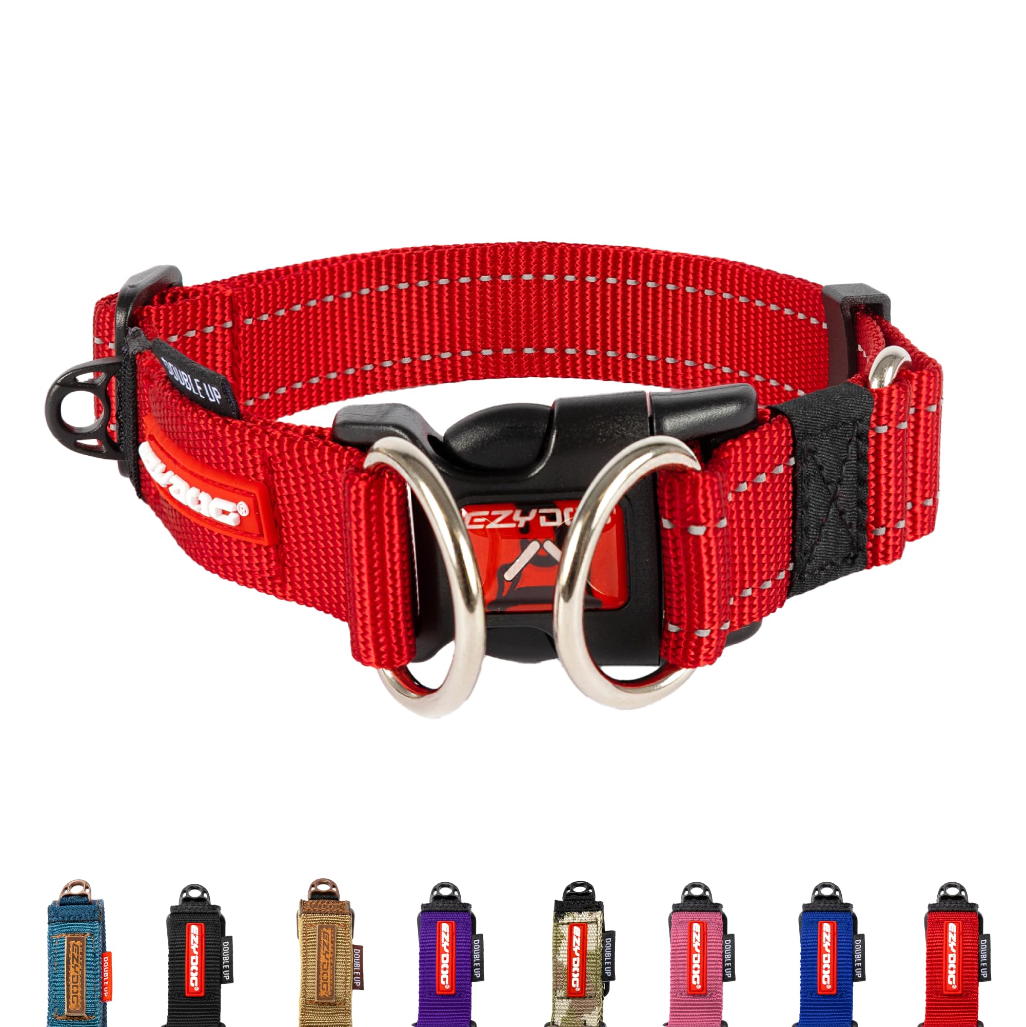 EzyDog Double Up Dog Collar - Reflective Large Dog Collar with ID Tag D-Ring, For Small, Medium & Large Dogs - Supreme Comfort with Soft & Strong Nylon Webbing - Red — image 1