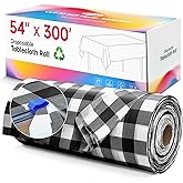 Plastic Table Cloth Disposable, 54In X 300Ft Table Cover Roll, Disposable Tablecloth with Slide Cutter for Rectangle Round Tables, Party Tablecloths for Birthday, Wedding, Picnic, Party (Black Plaid)