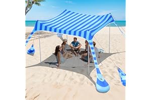 2PM SPORTS Beach Tent Canopy with UPF50+ UV Protection, Outdoor Large Beach Sun Shade Shelter for Family Picnic Camping Travel Shore Fishing, 8 Sandbags, Sand Shovel (Striped Blue, 8x8 FT)