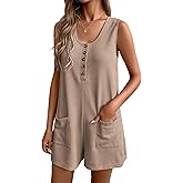Ekouaer Women Rompers Summer Casual Overalls Shorts Waffle Loose Jumpsuit with Pockets 2025 Beach Outfits Vacation Clothes Khaki L