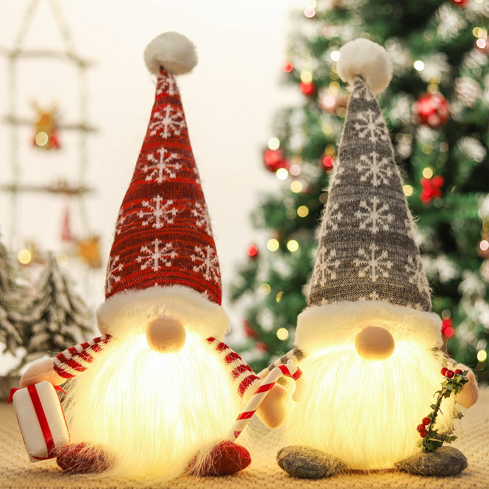 QIFU Light Up Gnome Christmas Decorations, 2pcs Red and Grey Christmas Gonk Lights, Xmas Light Up Ornaments, Handmade Swedish Santa Tomte Gnome for Indoor Decoration, Holiday Party Décor