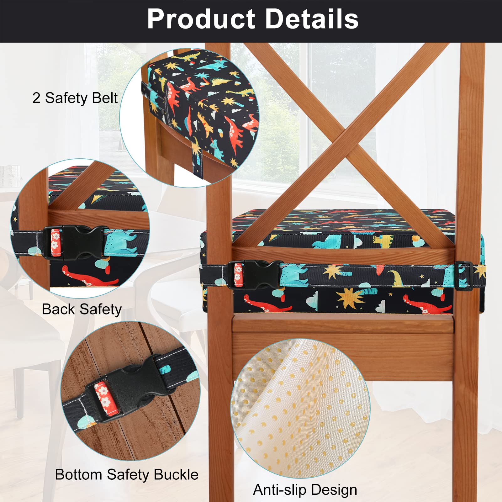 Toddler Booster Seat for Dining Table, Washable Thick Strong Support Portable Booster Chair for Toddlers Eating, Easy Cleaning Booster Seat Cushion Detachable with Fix Straps