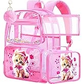 AGSDON 3PCS Clear Backpack for Girls, See Through Backpacks for Kids with Lunch Box, Heavy Duty Transparent Bookbag - Cat