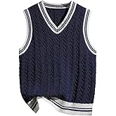 SOLY HUX Boy's Cable Knit Sweater Vest Striped Trim V Neck Sleeveless Casual Fall Tops